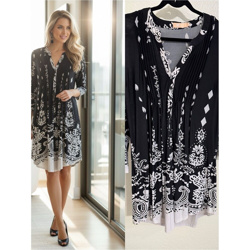 La Cera XL Black White Boho Print Pleated Tunic Dress Long Sleeve